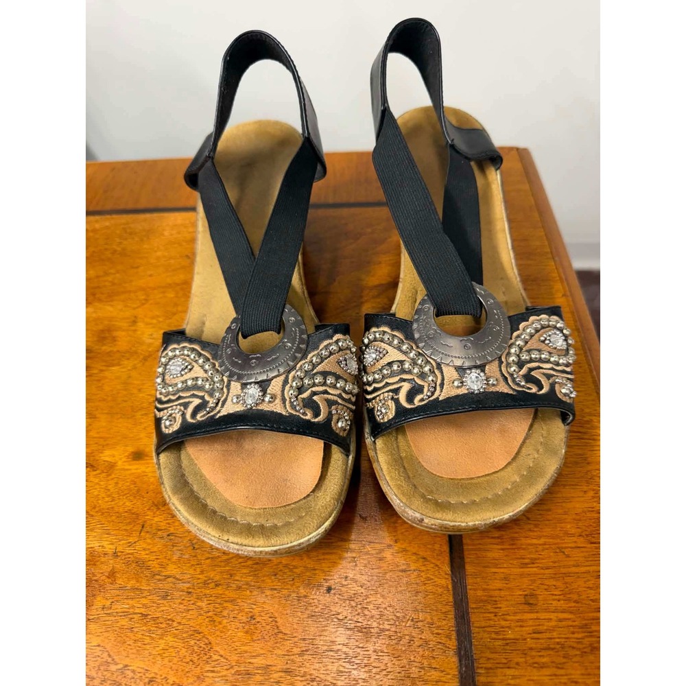 Rieker+ Antistress Black Paisley Embroidered Wedge Sandals Boho Rhinestone
